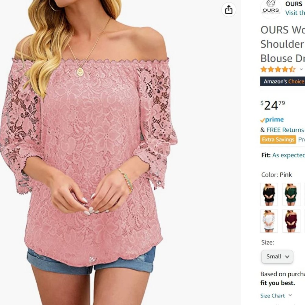 OURS Women's Tops Casual Off The Shoulder 3/4 Sleeve Lace Loose Blouse Dressy S